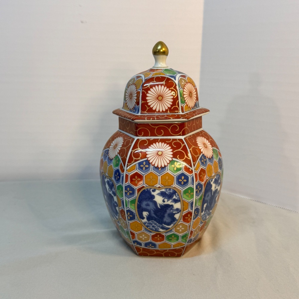 Vintage OMC Japan Hexagonal Porcelain Ginger Jar Imari Floral Jar with Lid